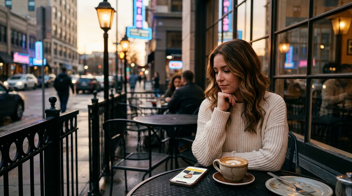 A woman in a cream sweater sits at an Iron Gate Cafe patio table. A smartphone showing a Bumble profile lies beside a half...
