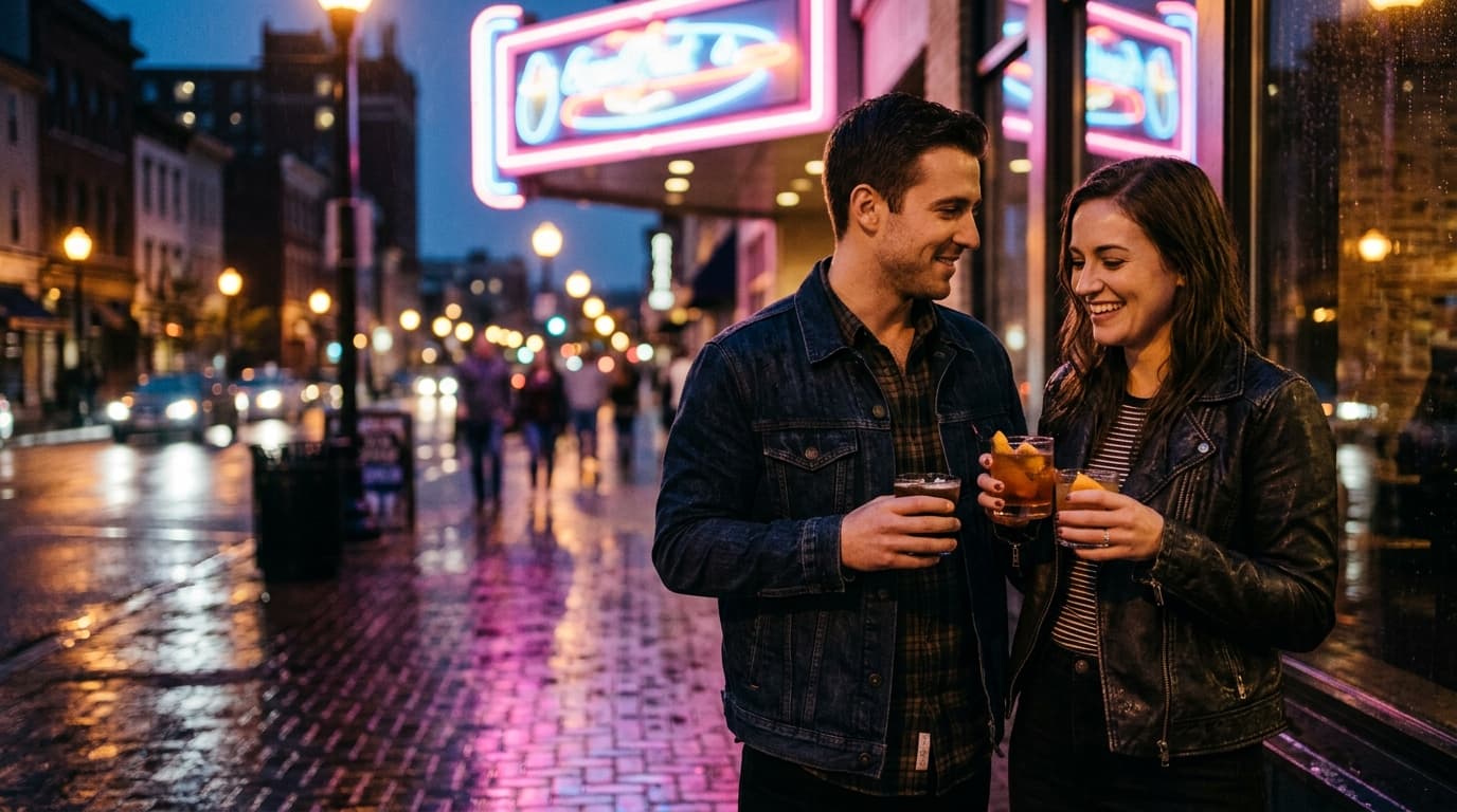 A couple stands on a rainy Bethlehem sidewalk under a glowing neon sign, holding two craft cocktails. A 35mm low-angle sho...