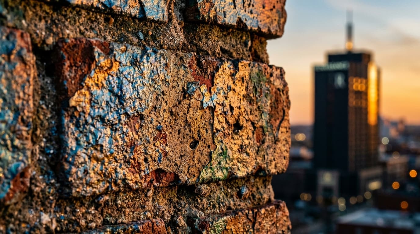 Extreme macro of a weathered, iridescent brick fragment from a Hamilton Street mural, captured in warm golden hour light,...