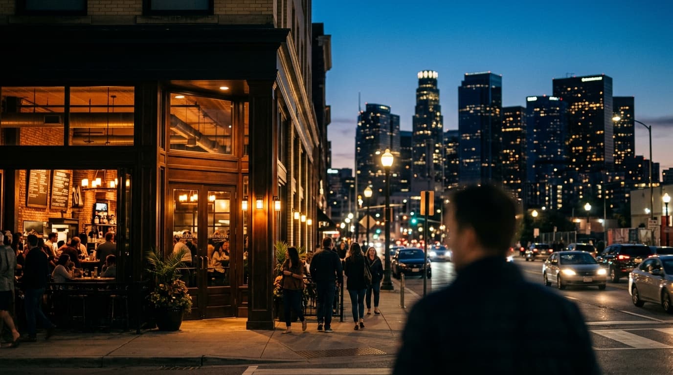 An 85mm shot, offset left, captures the glowing, amber-lit glass facade of the Hamilton Kitchen and Bar at blue hour, with...
