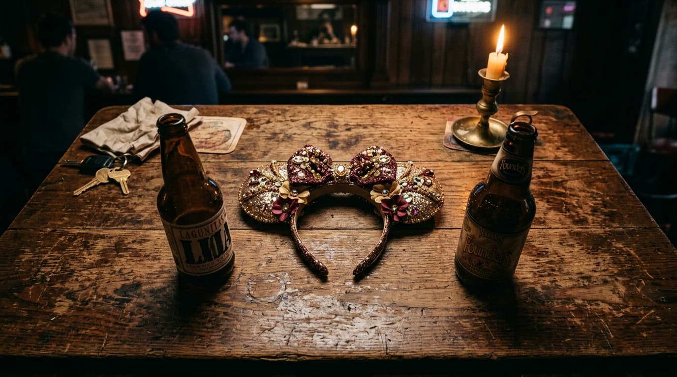 Overhead flat-lay, 24mm wide-angle, centered symmetric composition in a dim dive bar. Two half-empty beer bottles flank a...