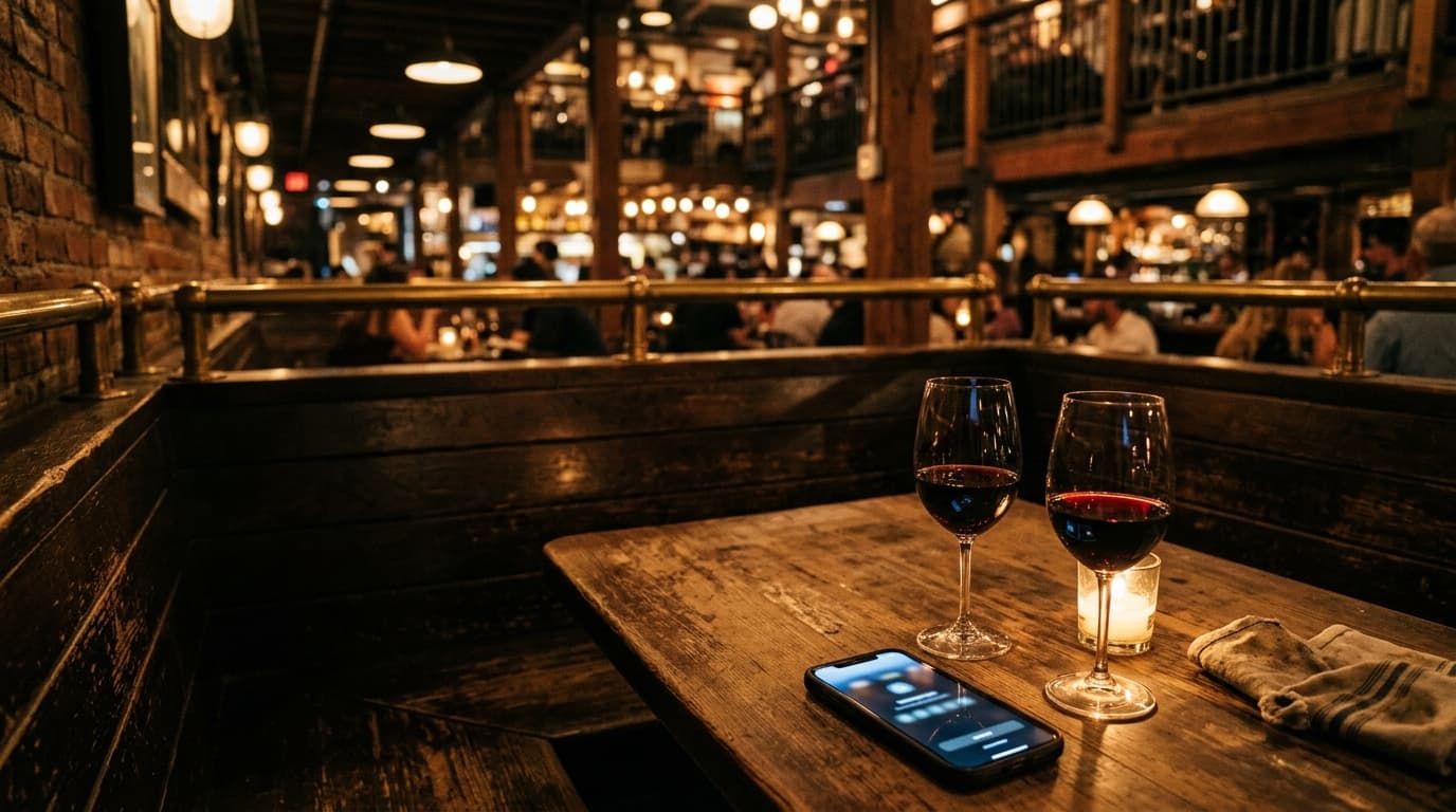 A wide, low-angle shot of a dimly lit booth at an Anaheim packing house. Two half-poured glasses of red wine sit near a gl...