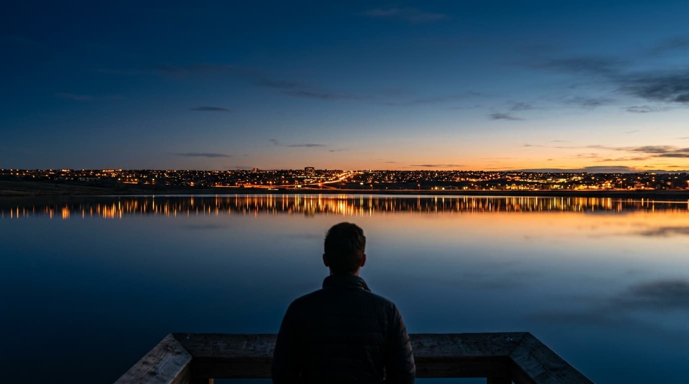 A symmetrical 24mm wide-angle shot of the Cherry Creek State Park reservoir at blue hour, capturing the glassy water refle...