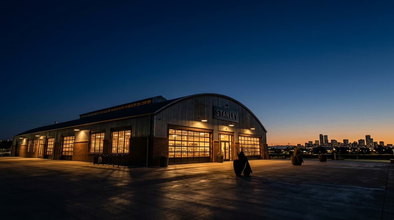 A low-angle shot of the industrial-chic exterior of the Stanley Marketplace at midnight, with glowing amber storefront win...