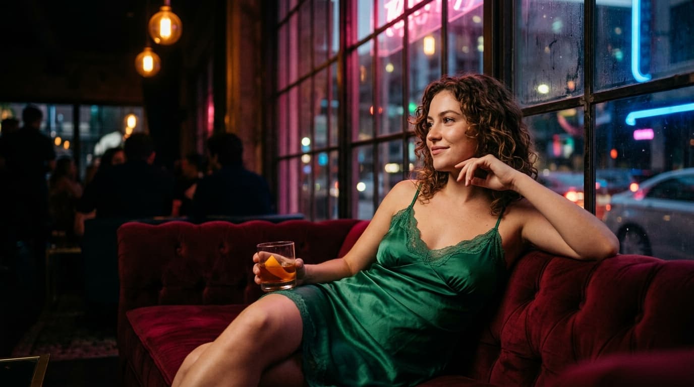 A candid, low-angle hero shot of a woman in a vintage silk slip dress lounging on a lush velvet sofa at a dim Austin loung...