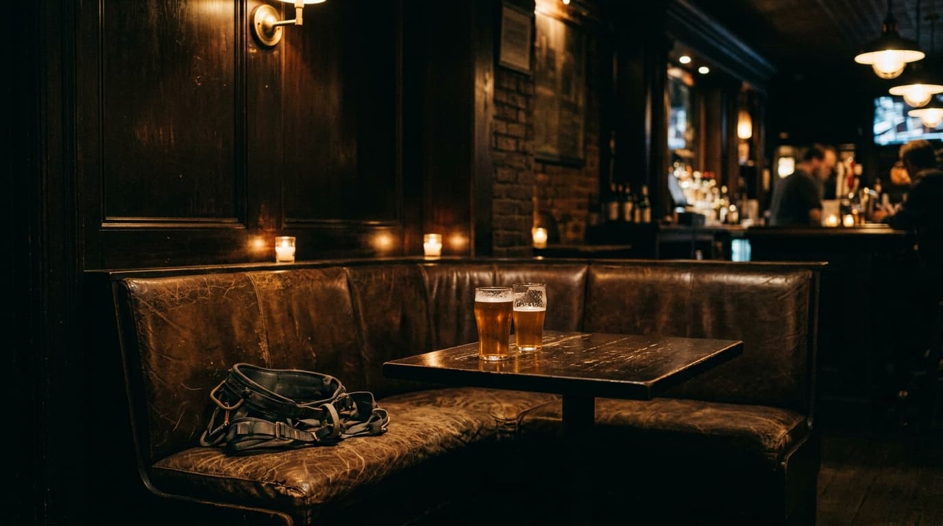 A wide shot of a rugged, weathered leather booth in a dimly lit, vintage dive bar. A worn climbing harness sits discarded...