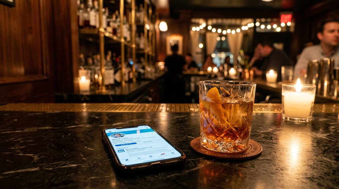 A medium shot of a marble bar top in an East Side lounge. A lone smartphone screen glows with a LinkedIn profile, sitting...