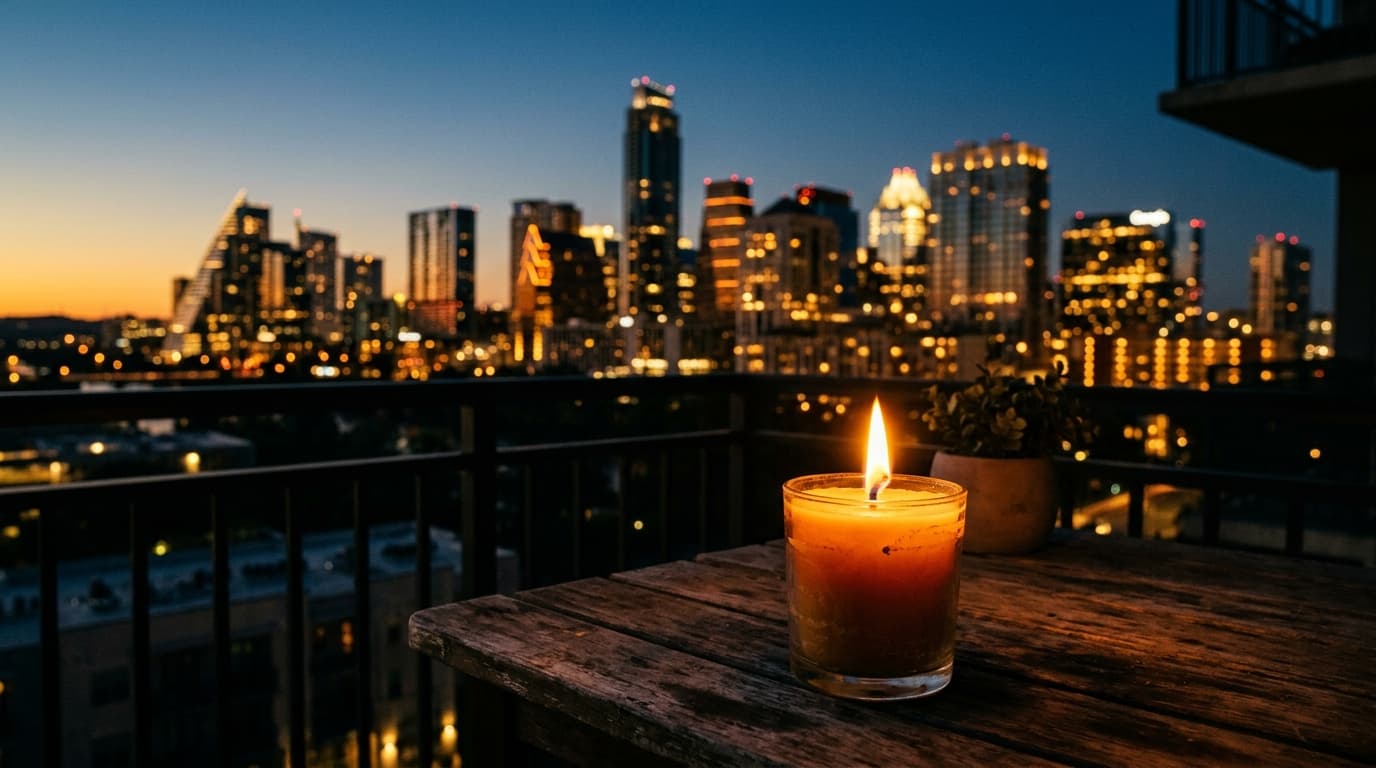 A tight, macro-lens shot of a flickering candle on a dark balcony, framing the blurred, amber-lit Austin skyline at dusk,...
