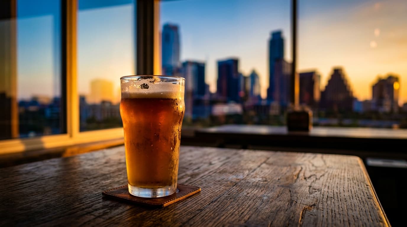 A tilt-shift close-up of a frosted beer glass on a wooden table, capturing noon sunlight, with the Austin skyline’s distin...