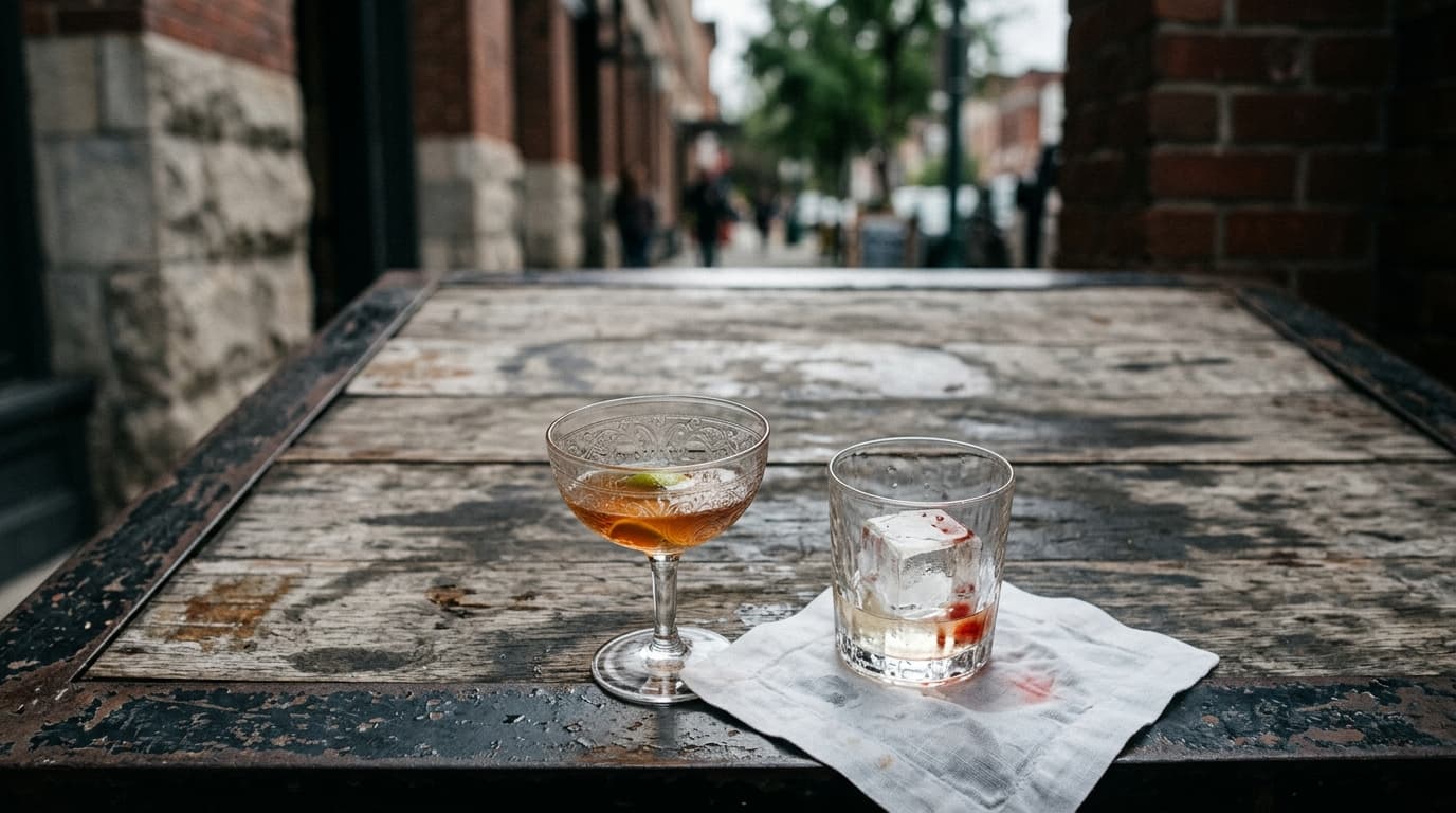 A flat-lay on a weathered outdoor bistro table outside The Padre Hotel. Two half-empty cocktail glasses sit beside a crump...