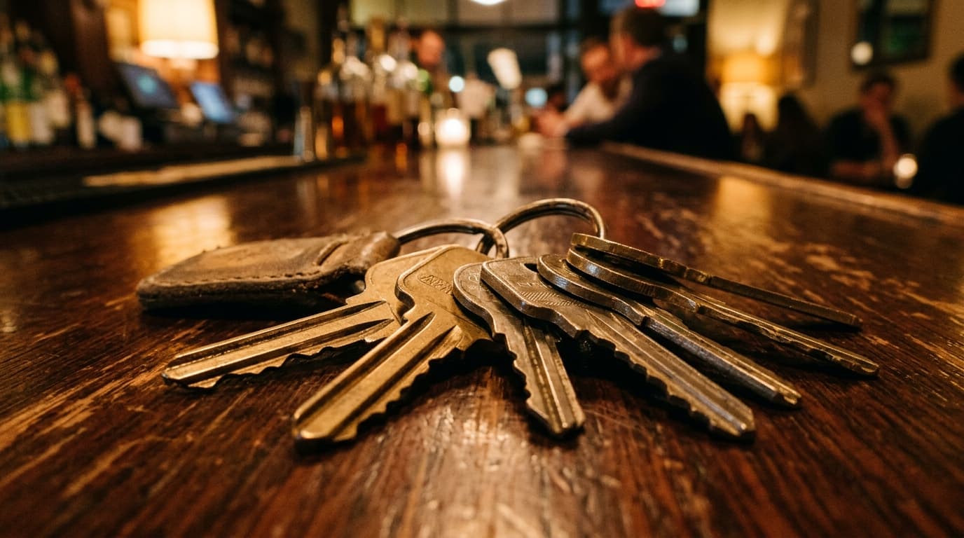 A 100mm macro shot captures a set of keys resting on a dark wood bar top at The Padre, reflecting the warm, tungsten-lit a...