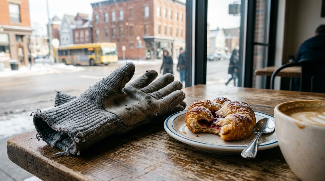 A close-up, 100mm macro shot in bright noon light: a weathered, snow-shoveling glove resting next to a vibrant, half-eaten...