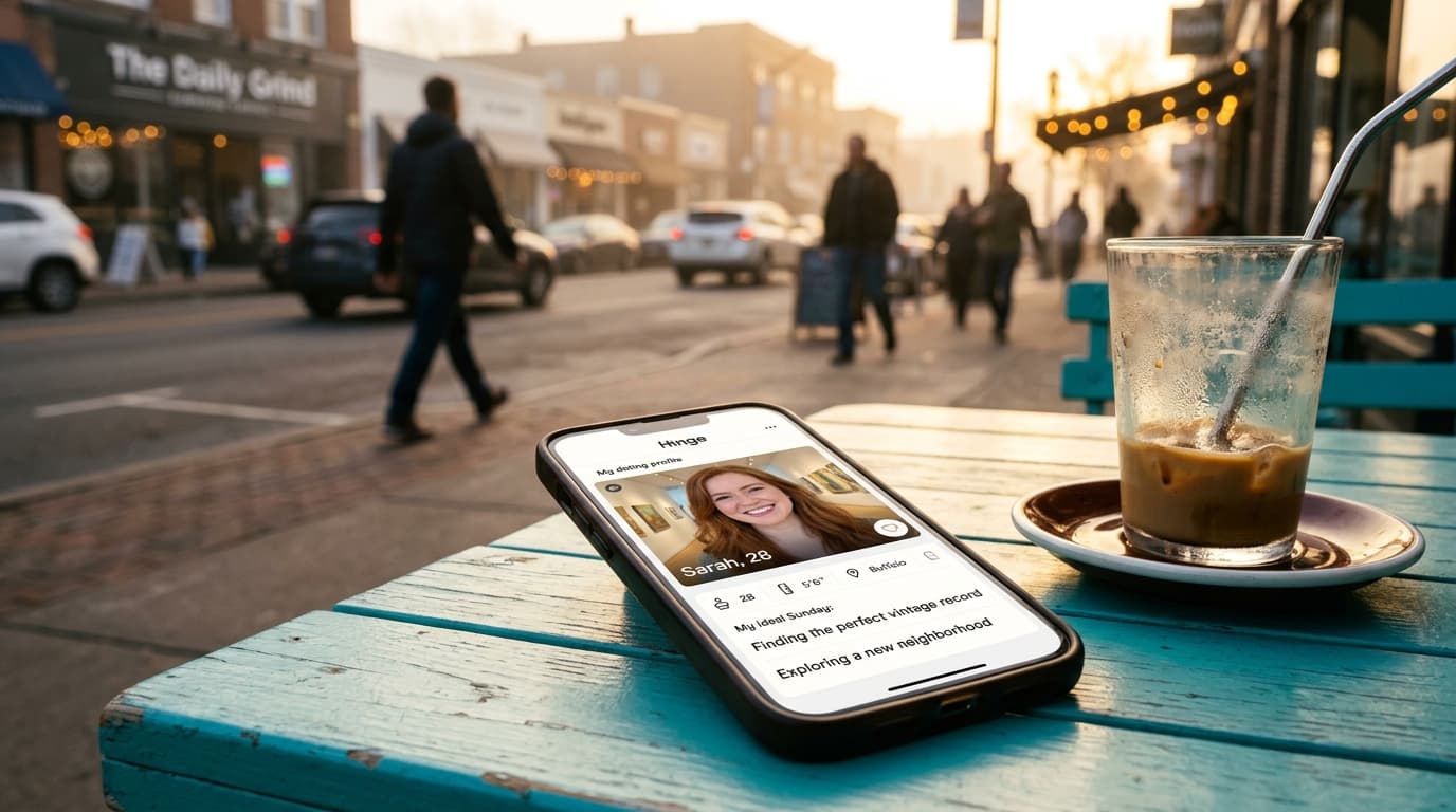 Golden hour sun hits a parked smartphone screen showing a Hinge profile, resting on a bright Elmwood Avenue bistro table n...