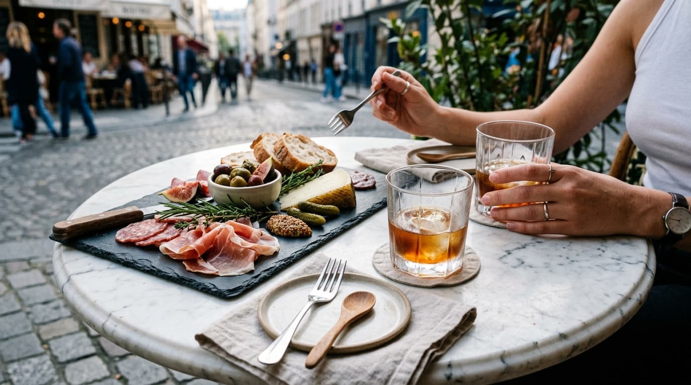 Overhead flat-lay of two half-empty crystal rocks glasses and a shared slate board of artisan charcuterie on a polished ma...