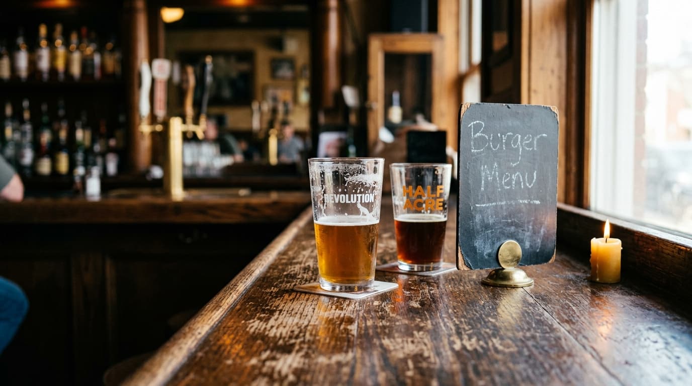 An 85mm close-up of a weathered wooden bar in an Avondale dive, featuring a burger menu and two half-poured local craft be...