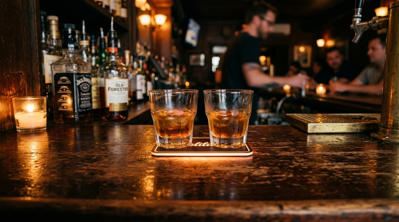 Centered 24mm wide-angle shot of a weathered whiskey-stained bar at Delilah’s. Two glasses of amber bourbon sit beside a n...