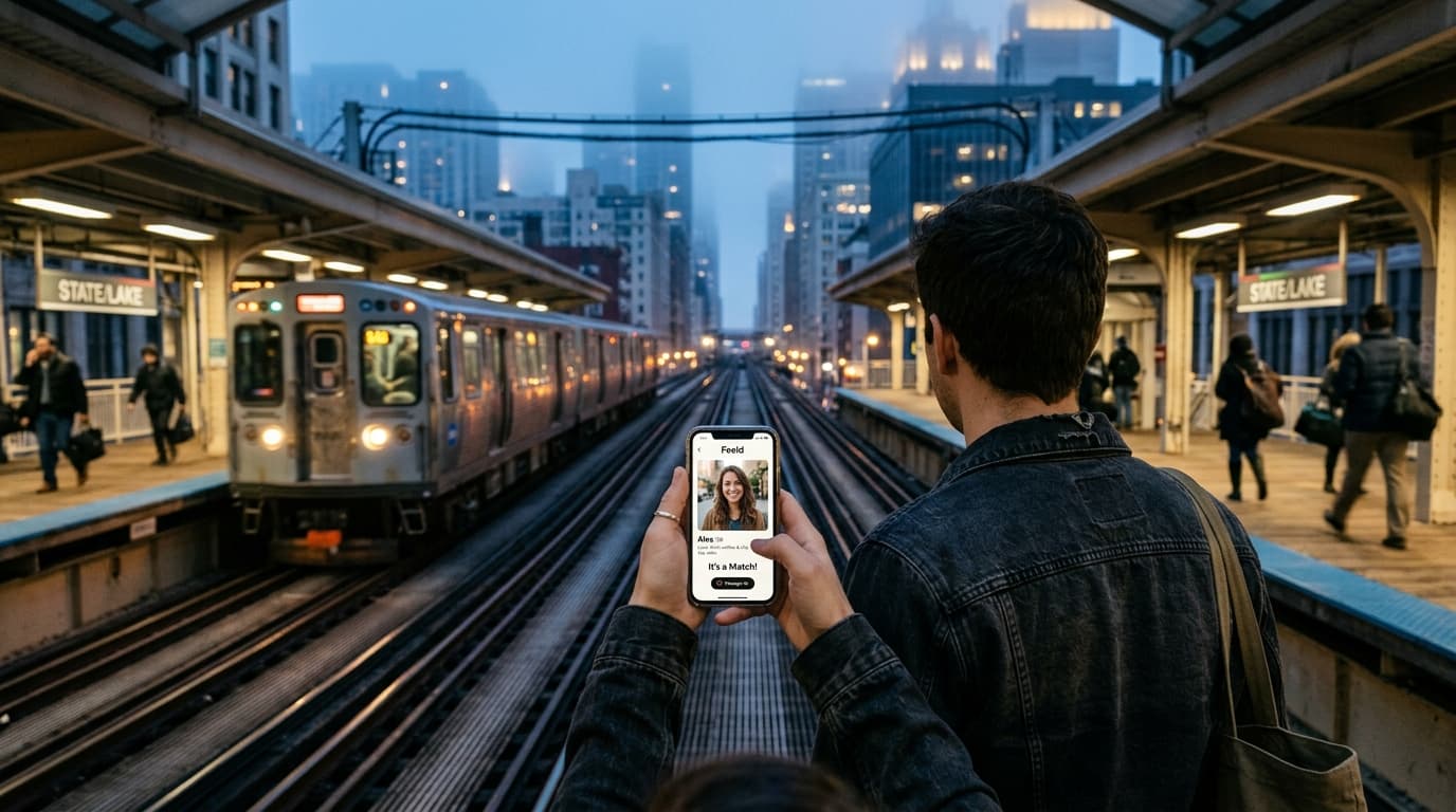 Over-the-shoulder view of a person’s hands holding a smartphone displaying a Feeld match, centered against the blue hour g...