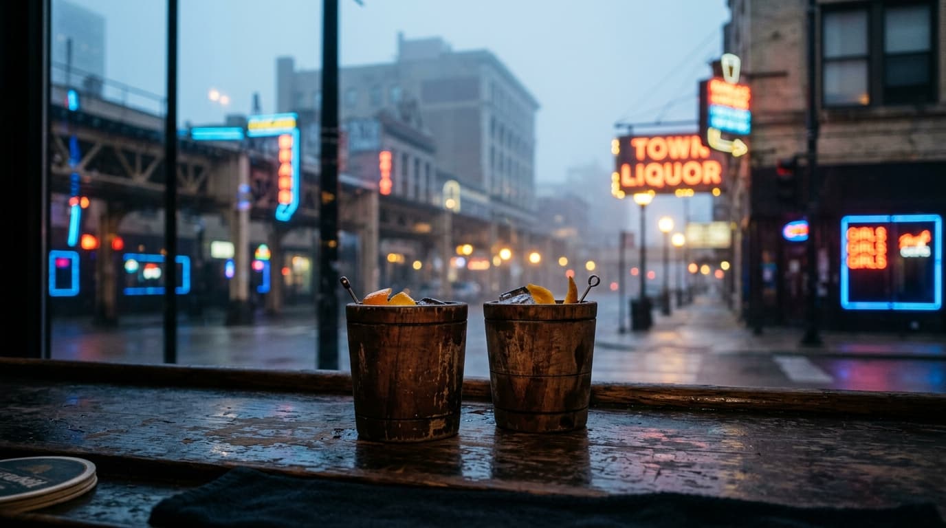A low-angle, 50mm shot of two vintage wooden cocktail glasses resting on a dark, scarred bar top at a moody Chicago lounge...
