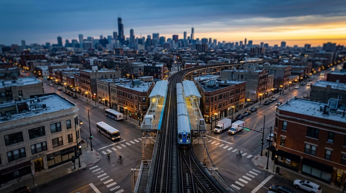 An overhead tilt-shift shot of the Damen Blue Line intersection at dawn. Overcast morning light illuminates leading lines...