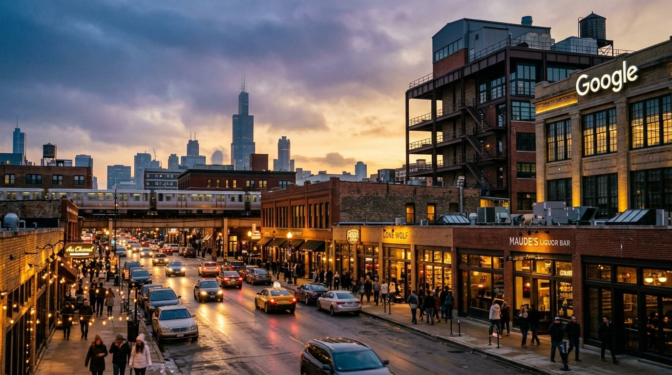 A wide 35mm establishing shot of the West Loop at dusk, capturing glowing restaurant facades along Randolph Street. The ic...