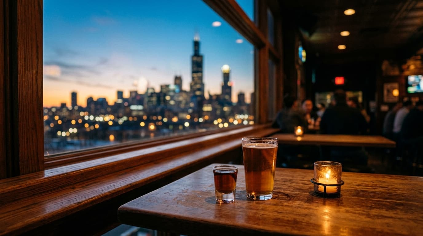 A warm, candle-lit wooden bar table in the foreground holds a shot of Malört and a beer, with a tilt-shift focus drawing t...