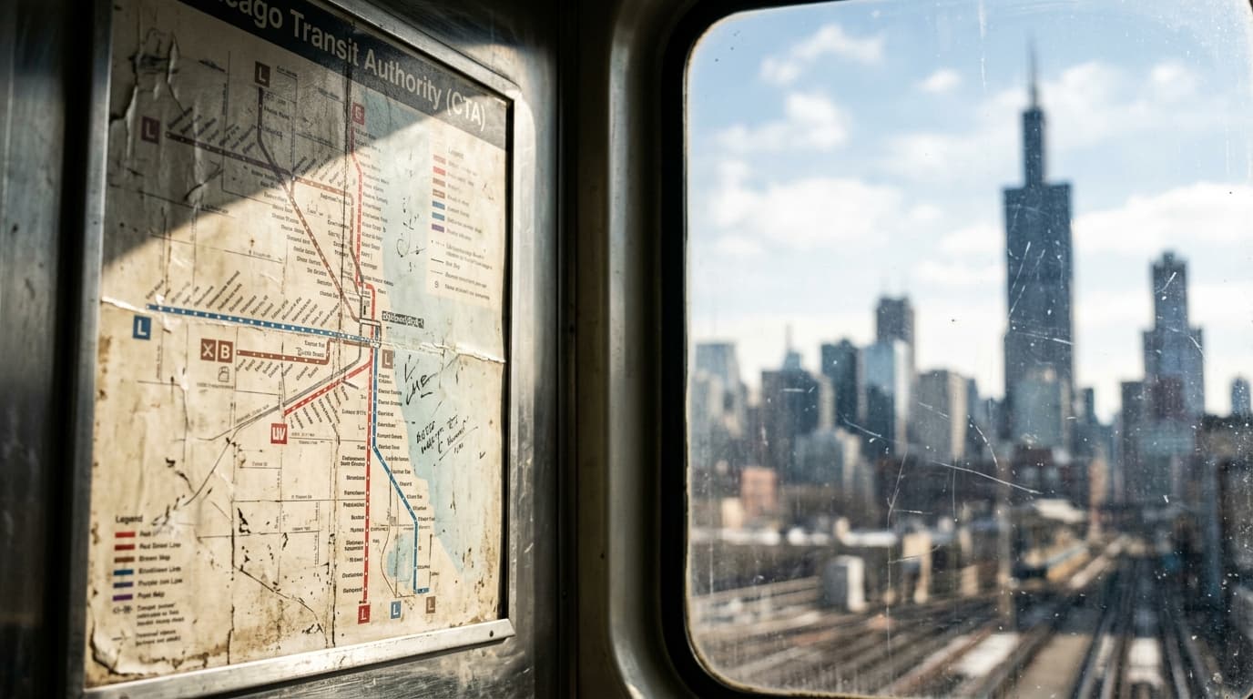 A weathered CTA train map glows under natural noon light hitting a window pane, with the distant, blurred Willis Tower ris...