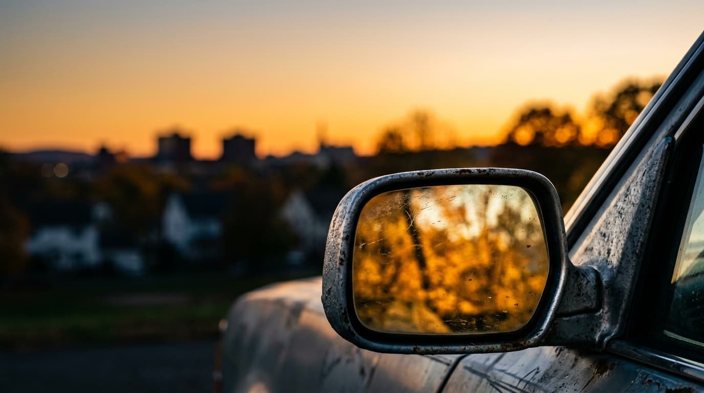 Macro shot of a weathered car side-mirror reflecting the warm, golden-hour glow of Tarrywile Park’s trees, set against the...
