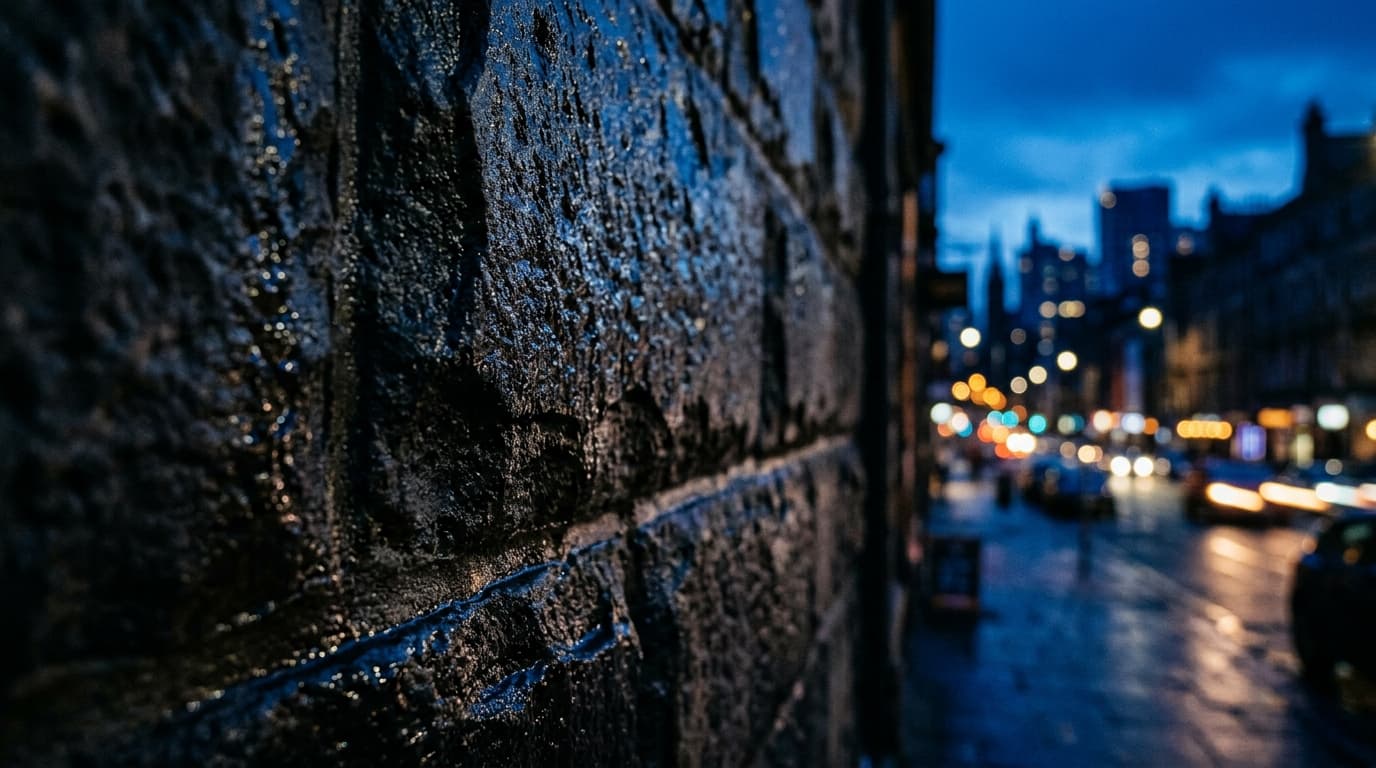 A tight, 100mm macro shot of a wet, textured stone exterior wall at Mezon Tapas Bar during blue hour, reflecting the deep...