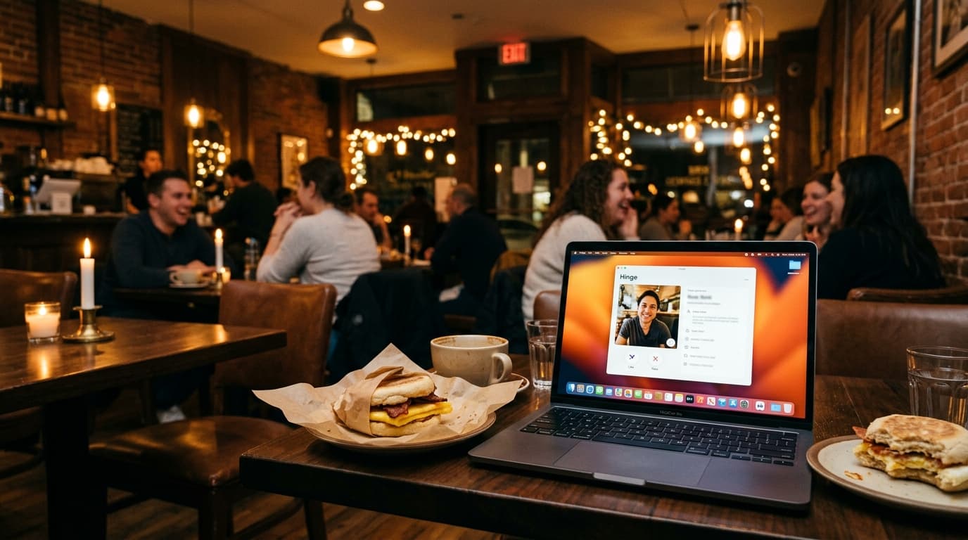 A low-angle, 35mm shot inside a bustling Danbury cafe at 8 PM. An open laptop sits on a table, displaying a Hinge profile,...