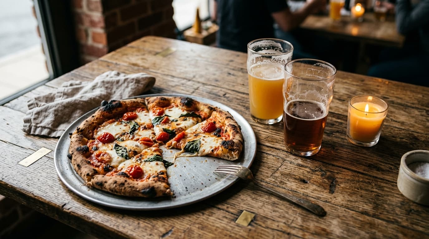 Overhead flat-lay, overcast morning light. A half-eaten wood-fired pizza sits on a metal tray next to two craft beer pints...