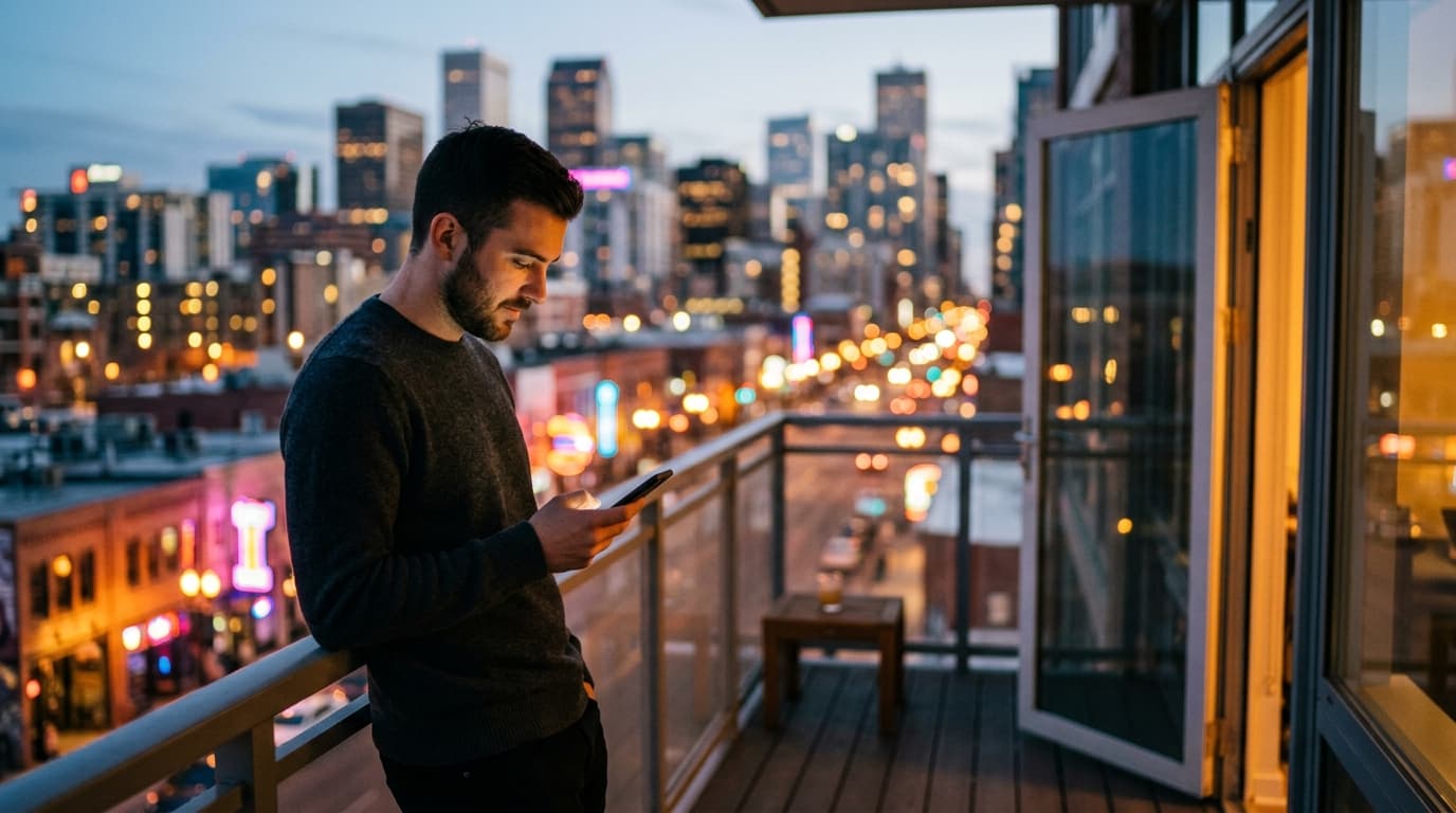 An 85mm portrait of a man in a crisp charcoal sweater, standing on a dimly lit Denver balcony, gazing at his phone while v...