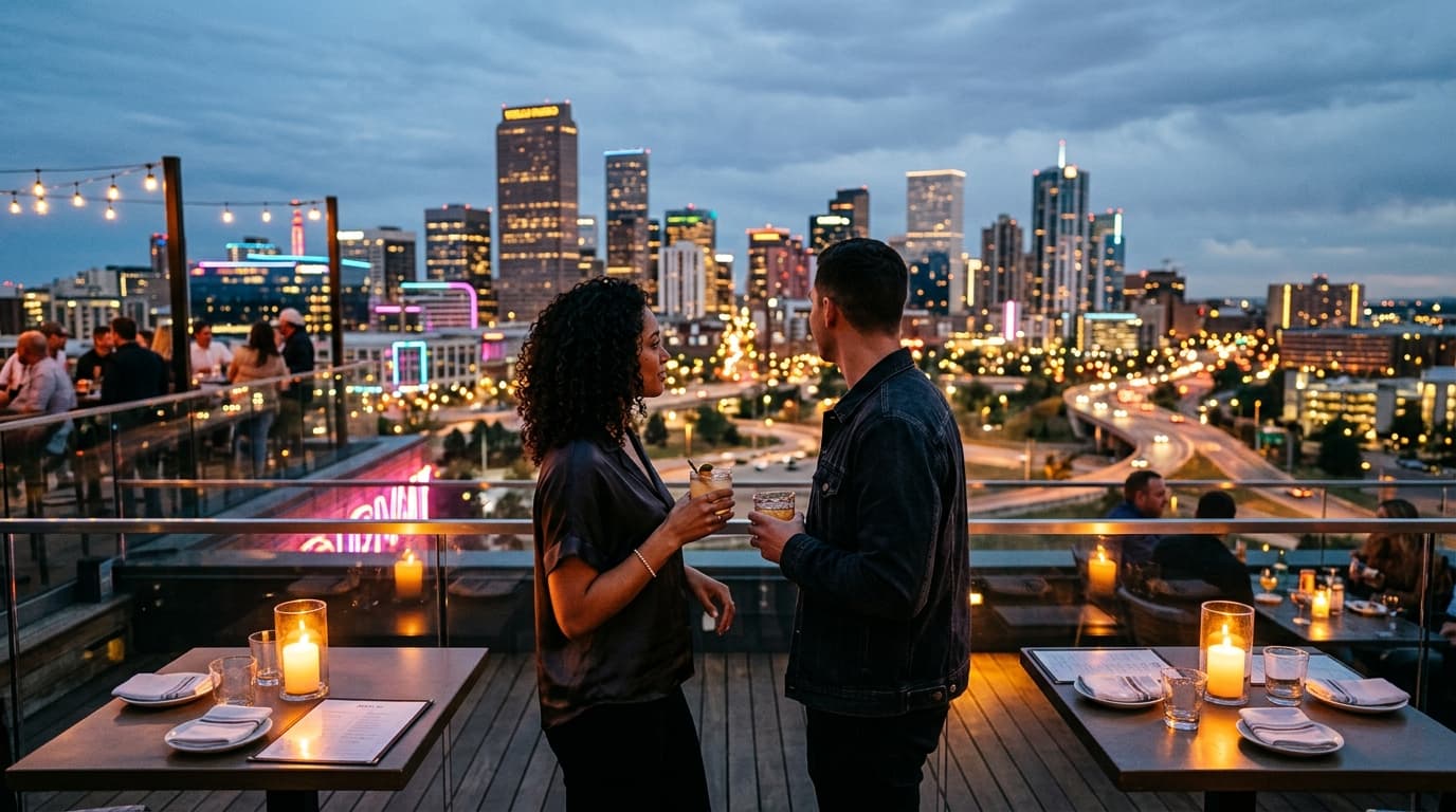 A centered, wide-angle shot of a couple standing on a rooftop terrace, holding cocktail glasses. They gaze out at the glow...