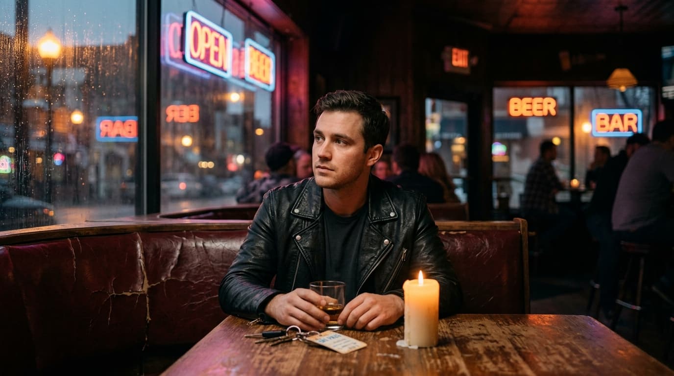 A man in a leather jacket sits in a dimly lit, candle-lit booth at a vintage dive bar. A worn ski pass hangs visibly from...