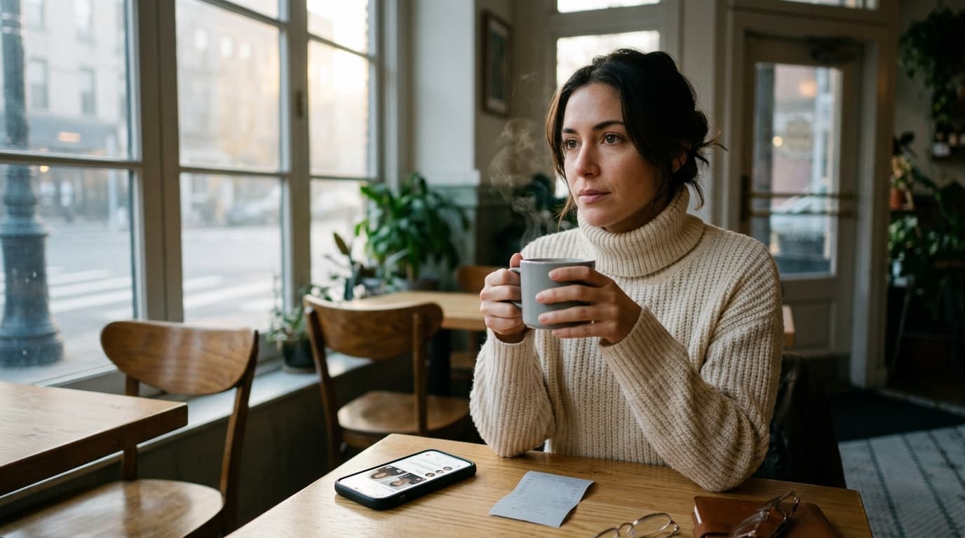 A woman in a cream-colored turtleneck sits at a small wooden table, holding a steaming ceramic mug. A smartphone showing a...