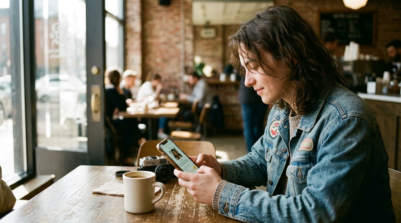 A person in a vintage denim jacket sits at an Astro Coffee table, offset right. Natural noon light hits their smartphone s...