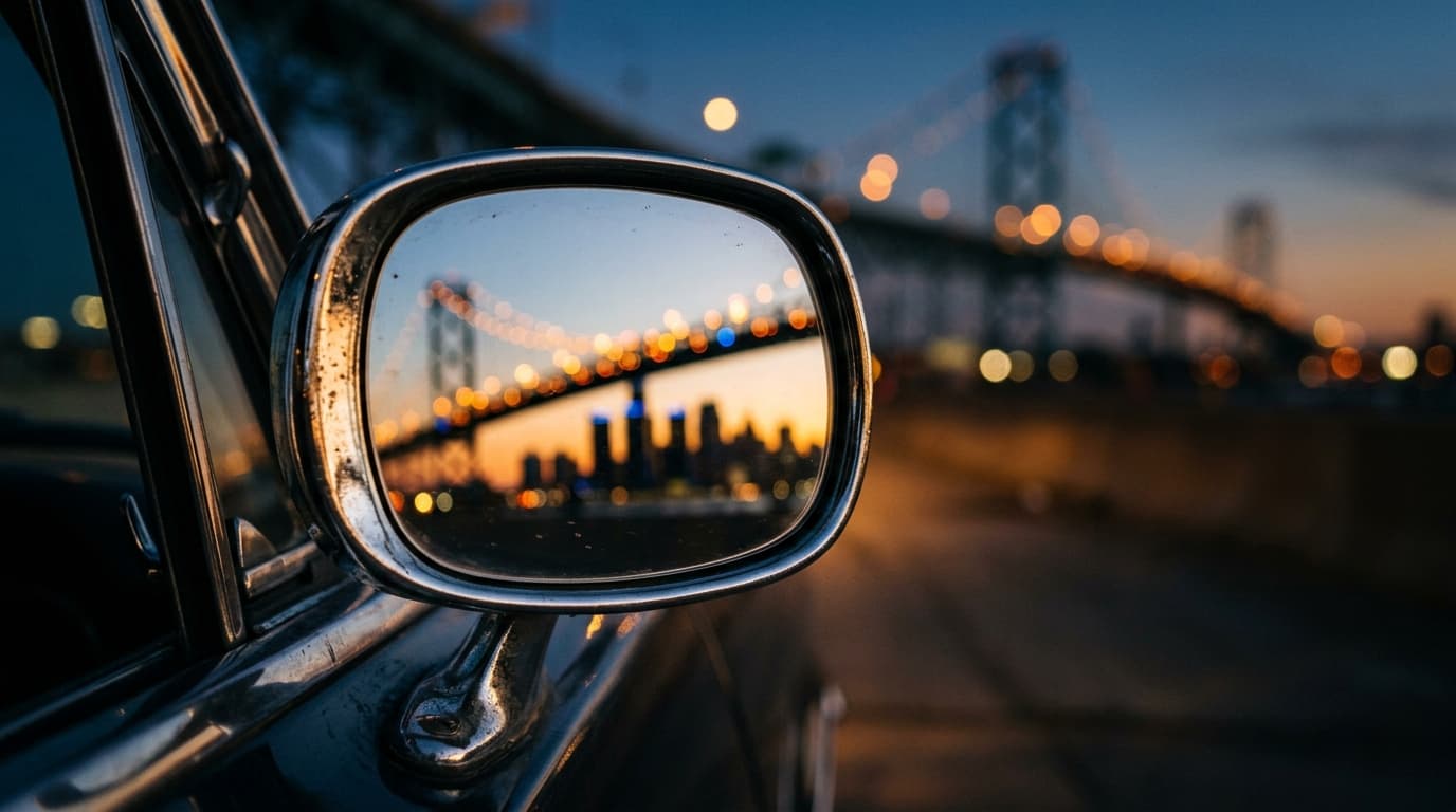 Extreme tilt-shift macro shot of a vintage chrome car mirror reflecting the glowing, blurred amber lights of the Ambassado...