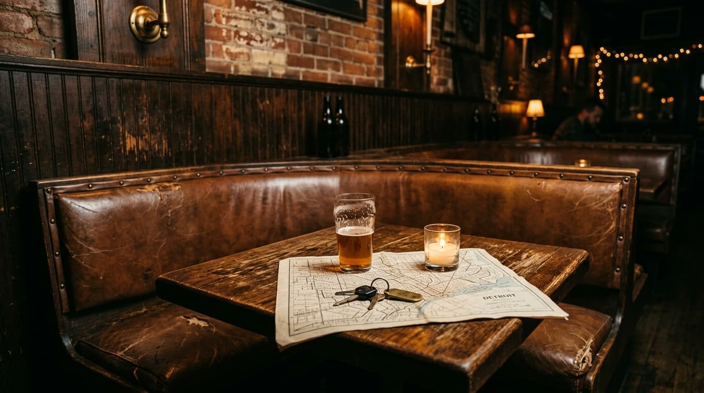 Low-angle centered shot of a worn leather booth at a dimly lit Corktown dive bar. A set of car keys, a half-empty craft be...