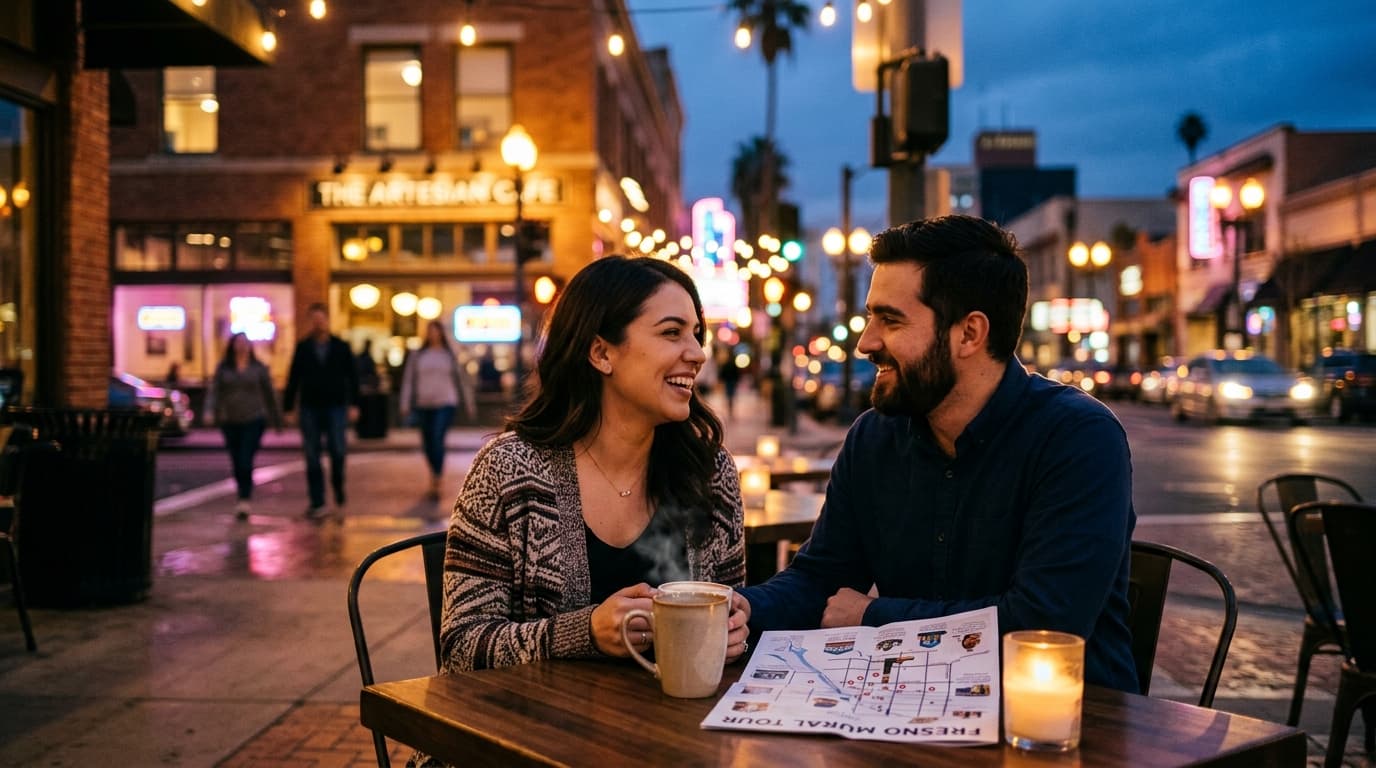 A couple sits at an outdoor table at a local cafe, illuminated by soft string lights. In the lower third, a steaming coffe...