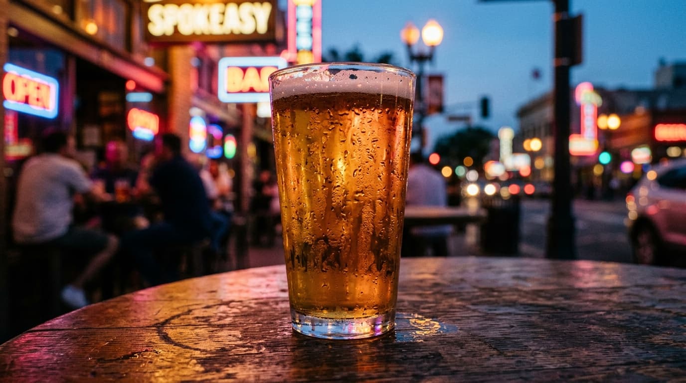 A 100mm macro shot captures a chilled pint glass beaded with condensation resting on a scarred wooden pub table at Spokeas...