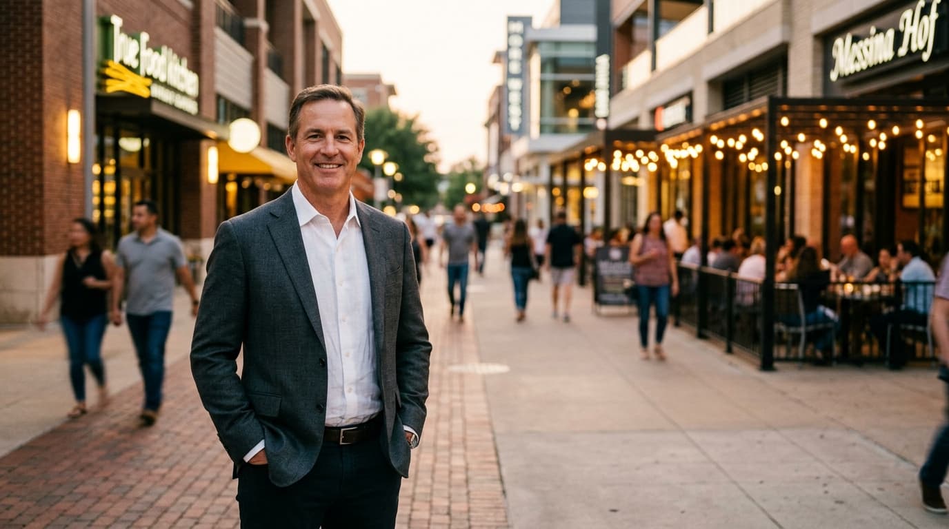 An 85mm portrait captures a man in a crisp charcoal blazer and white linen shirt, standing offset left on a Legacy West si...