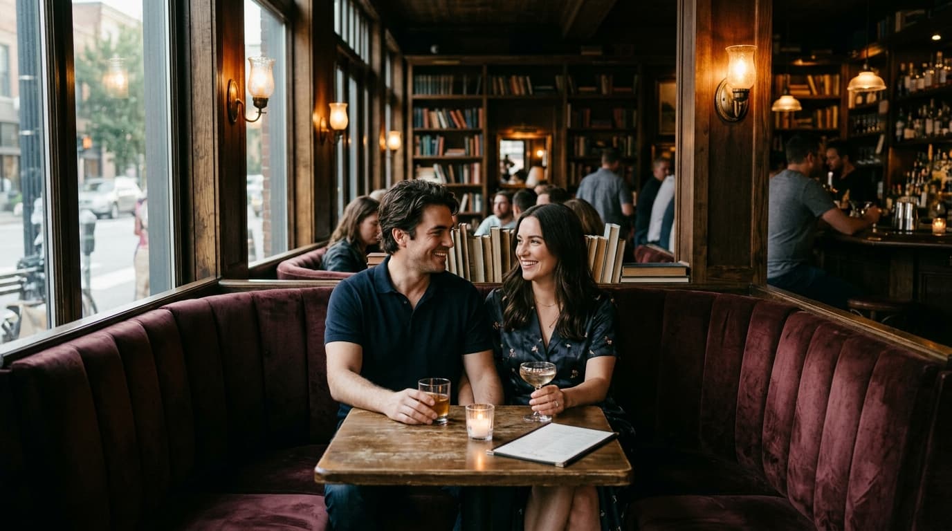 A couple sits on a velvet booth at Rare Books Bar in the Rail District. The man wears a dark polo; the woman wears a silk...