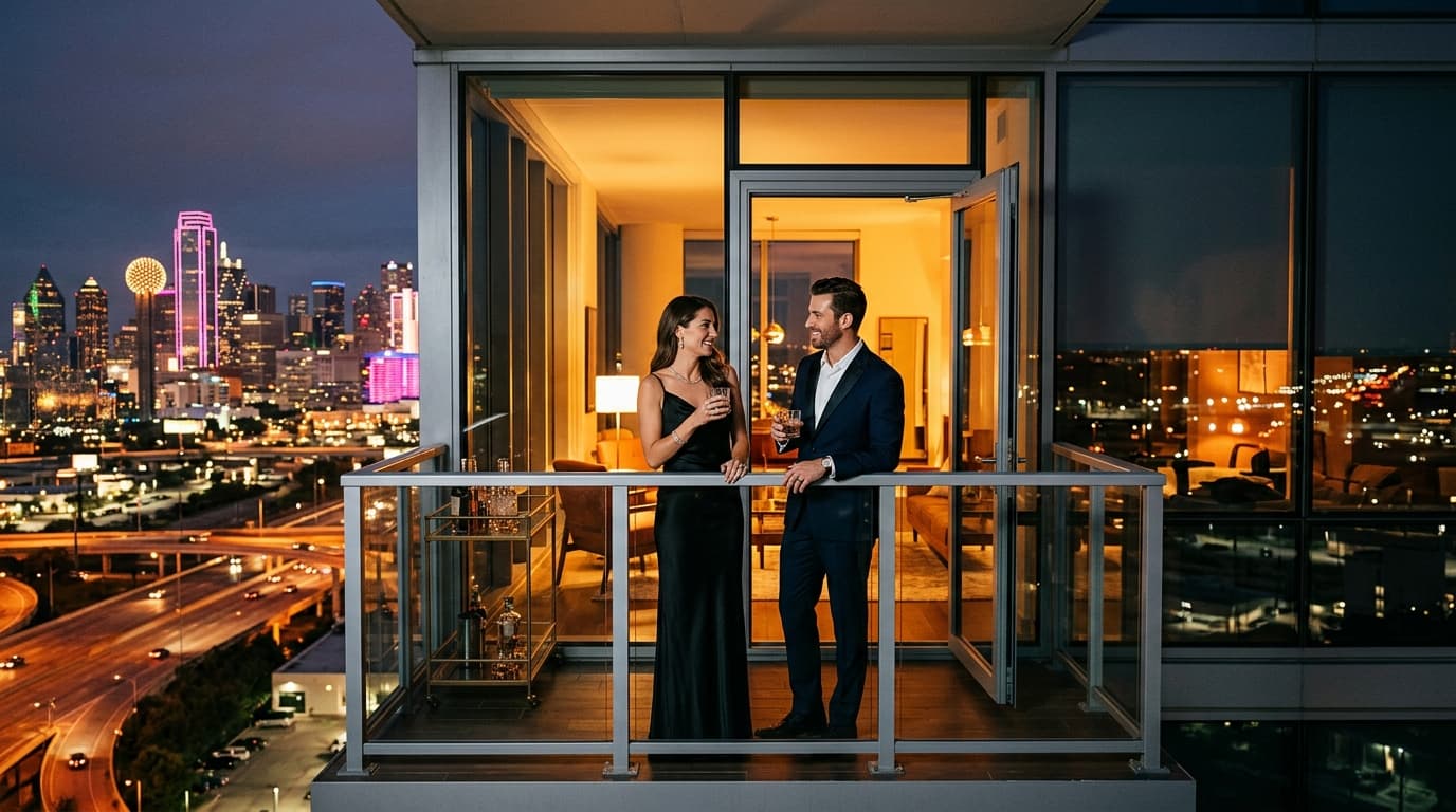 A couple stands on a sleek apartment balcony at night, overlooking the glowing Frisco skyline. They wear tailored evening...