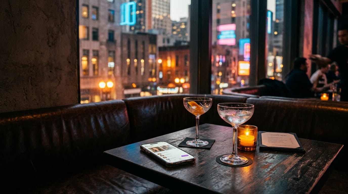 A dimly lit, plush leather booth at a resort lounge. A single smartphone with a dating app interface lies on the dark wood...