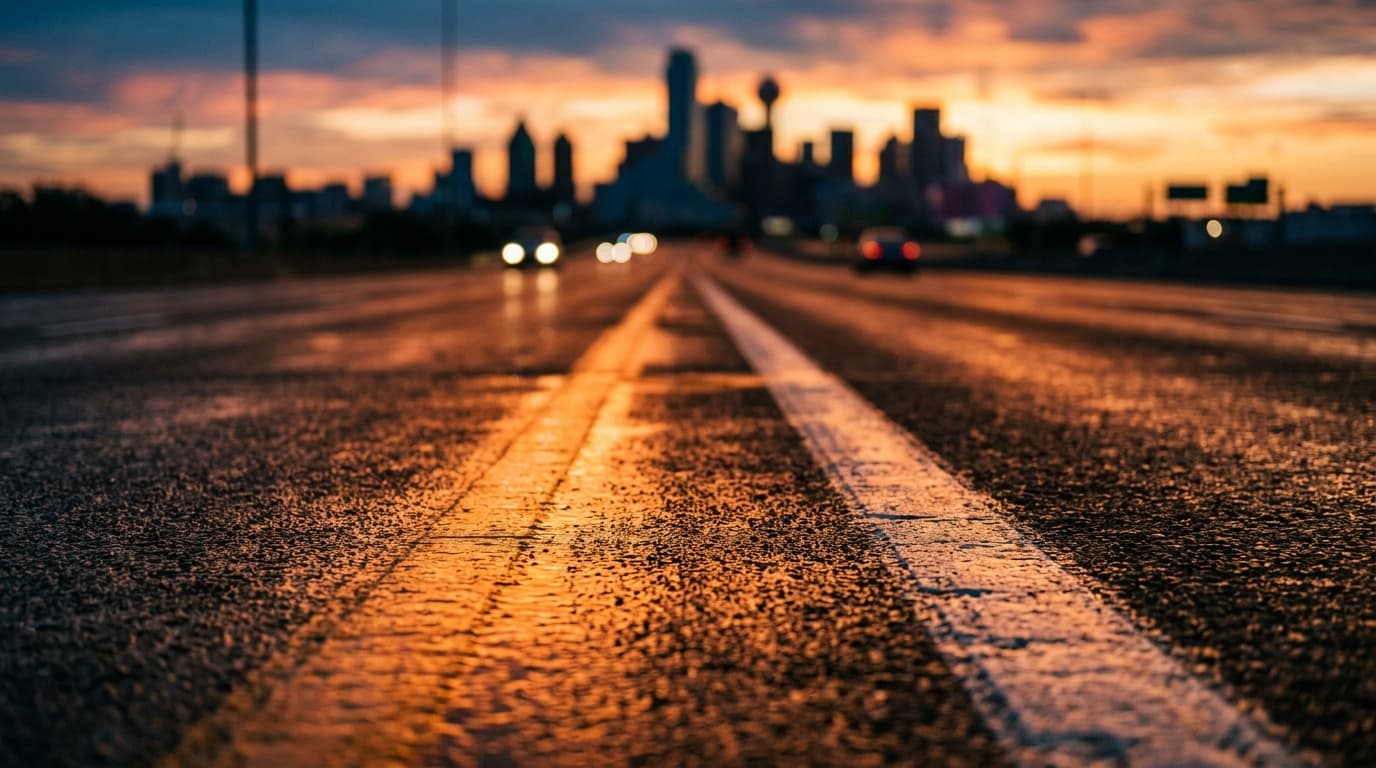 Extreme macro, selective focus on the glowing orange reflection of a golden hour sunset against the slick asphalt of the P...
