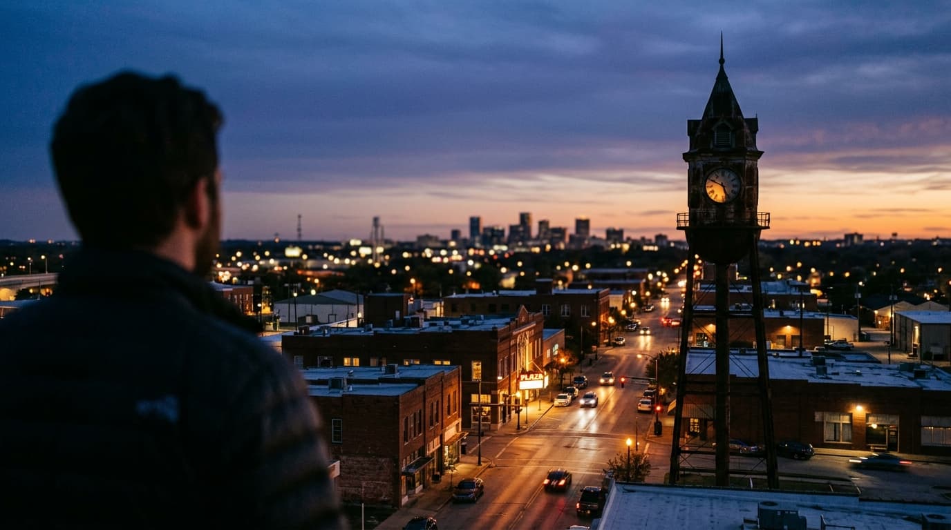 A 35mm documentary shot at blue hour, capturing the rusted metal silhouette of the downtown Garland clock tower offset rig...