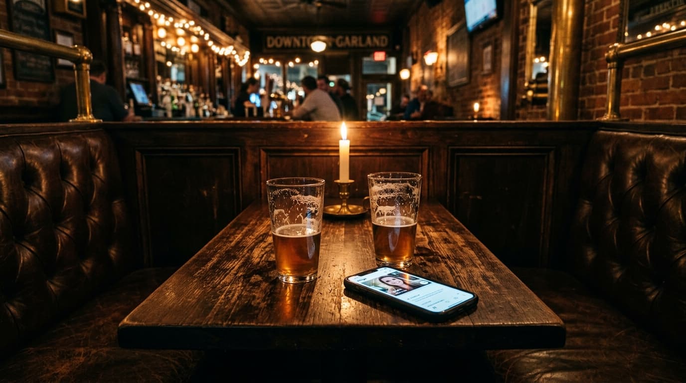 A low-angle, centered shot of a dark leather booth in a Downtown Garland tavern. Two half-empty craft beer glasses sit on...