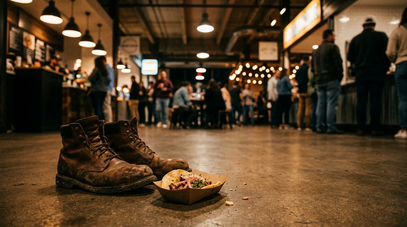 A low-angle hero shot captures a pair of worn leather boots resting on the polished concrete floor of Parkville Market. A...