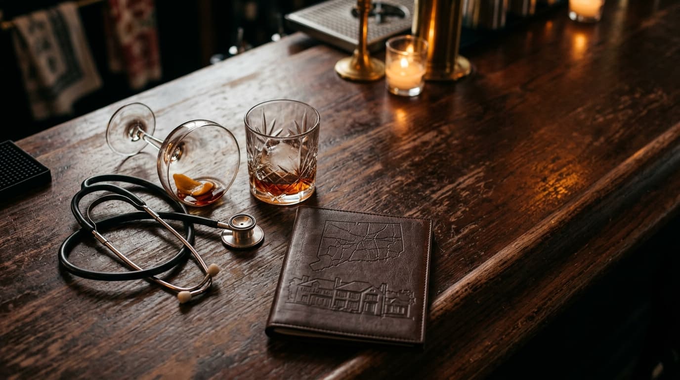 85mm portrait, shallow depth of field. An overhead flat-lay of a wooden bar top featuring two abandoned cocktail glasses a...