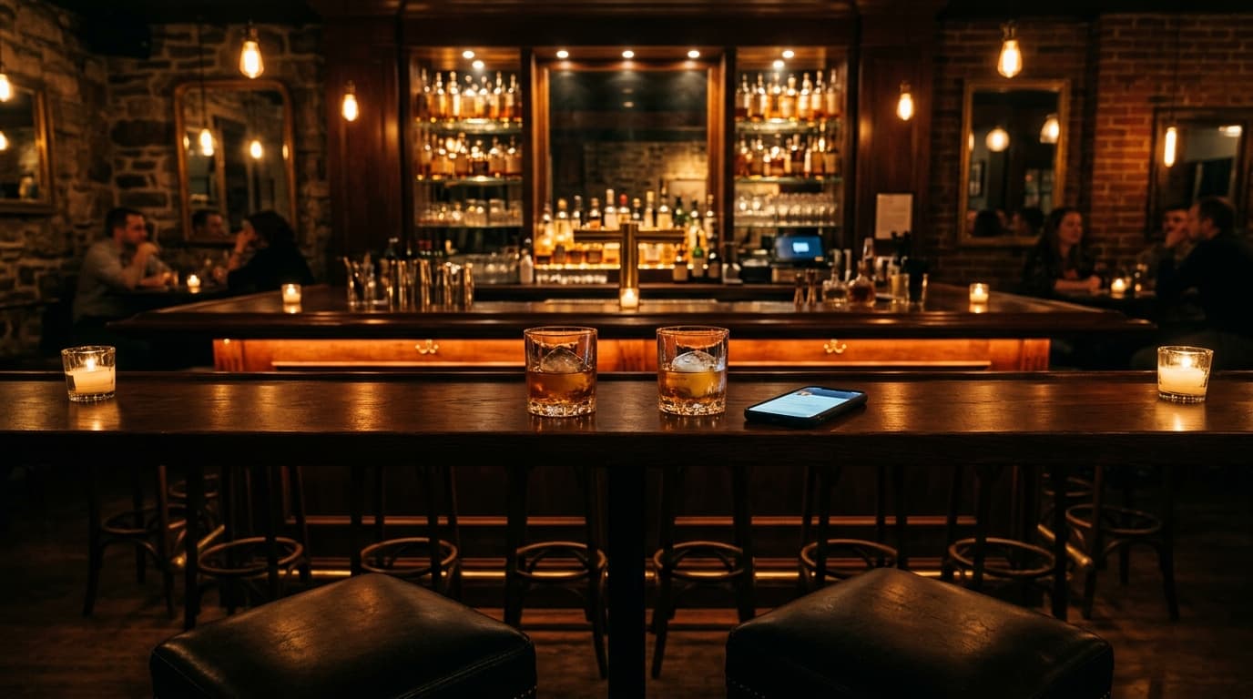 A wide-angle, symmetric shot of a dimly lit Hartford cocktail bar. Two leather stools face the polished mahogany bar, hold...
