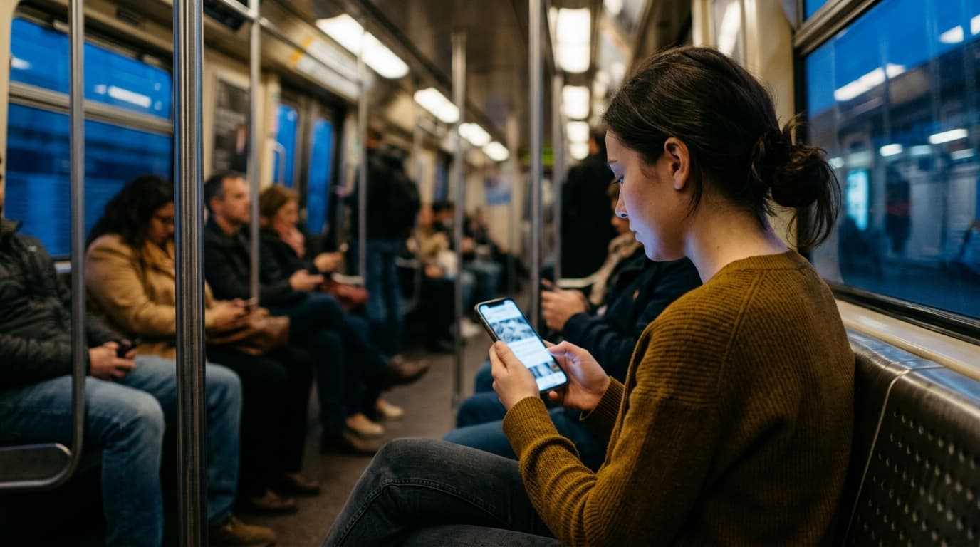 Over-the-shoulder shot at blue hour. A woman sits on a crowded subway bench, her face illuminated by her phone’s glow, sho...